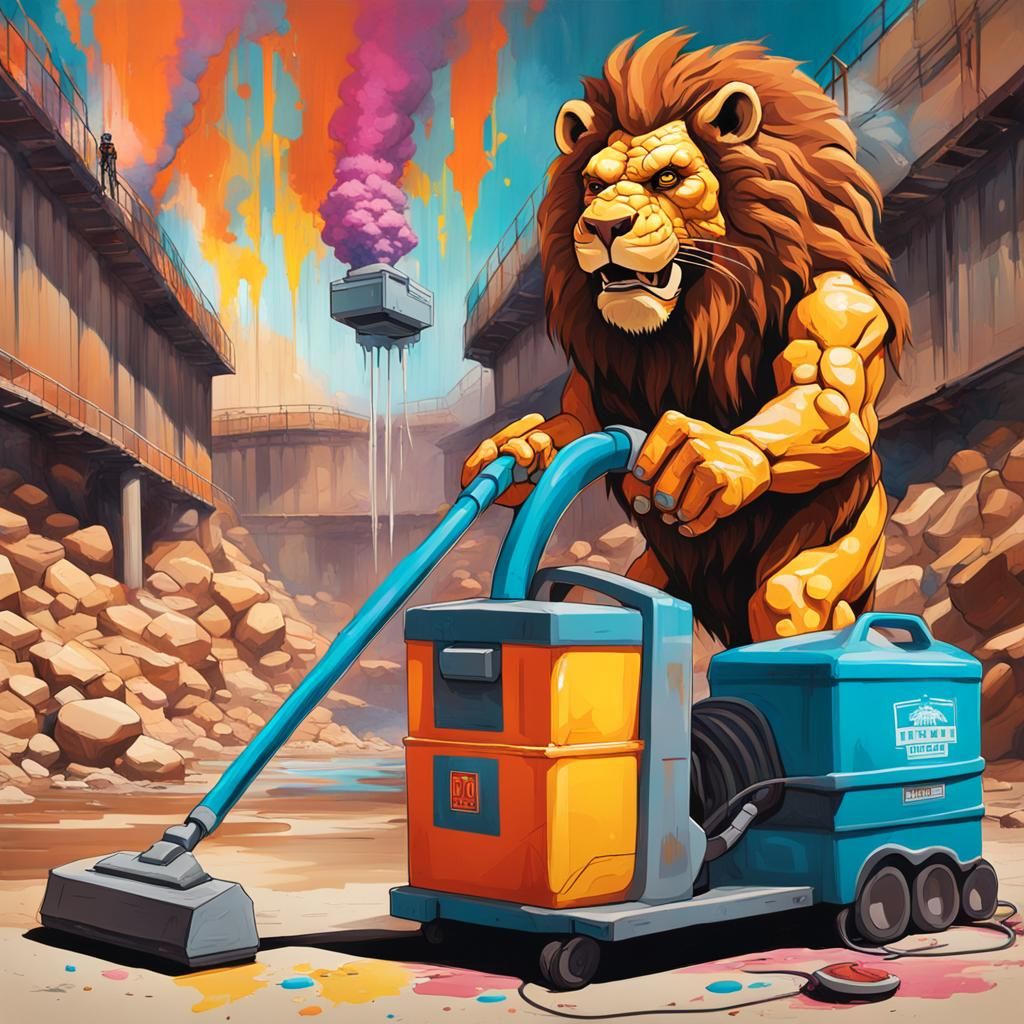 Cartoon Lion and Turtlenator's Tornado Machine