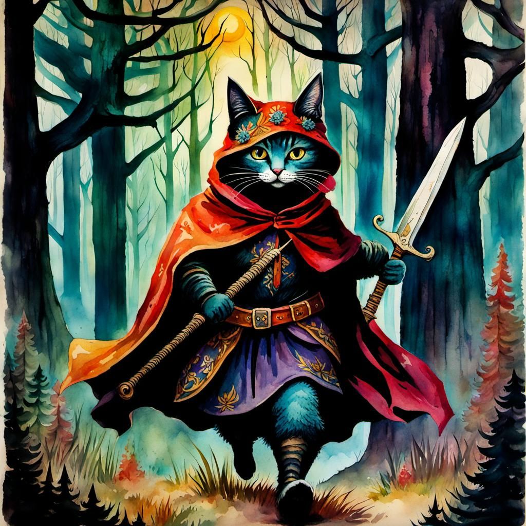 Watercolor Cat Warrior Runs Through Sinister Forest