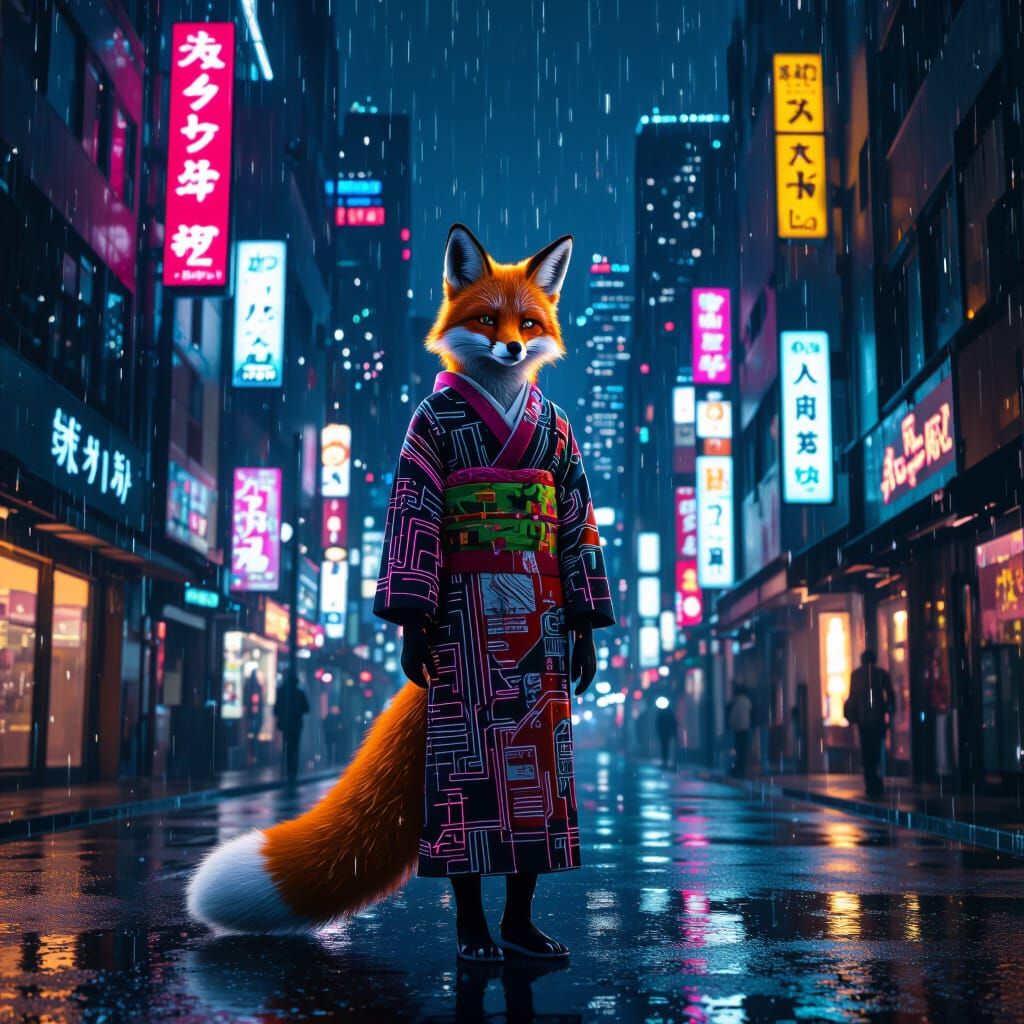 Cyberpunk Fox in Kimono, Tokyo Night Scene