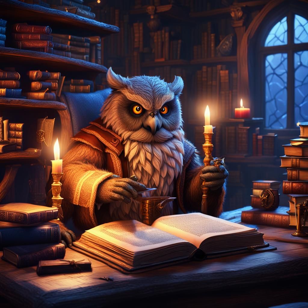 Owlbear Scholar in Cozy Fantasy Study