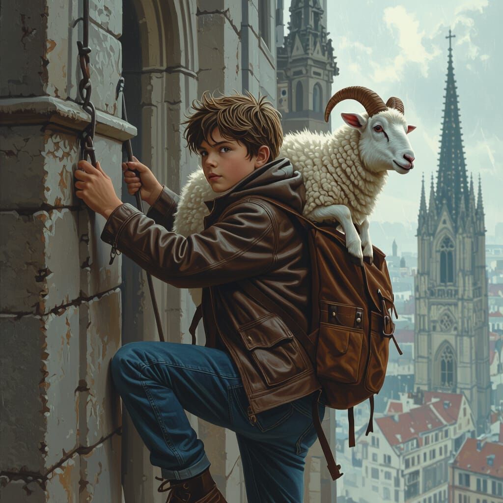 Boy Climbs Gothic Building with Ram, Detailed Matte Painting