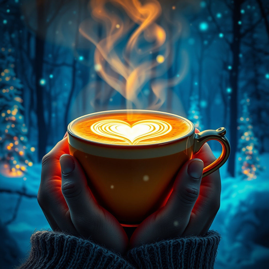 Magical Latte Campfire in Bioluminescent Winter Landscape