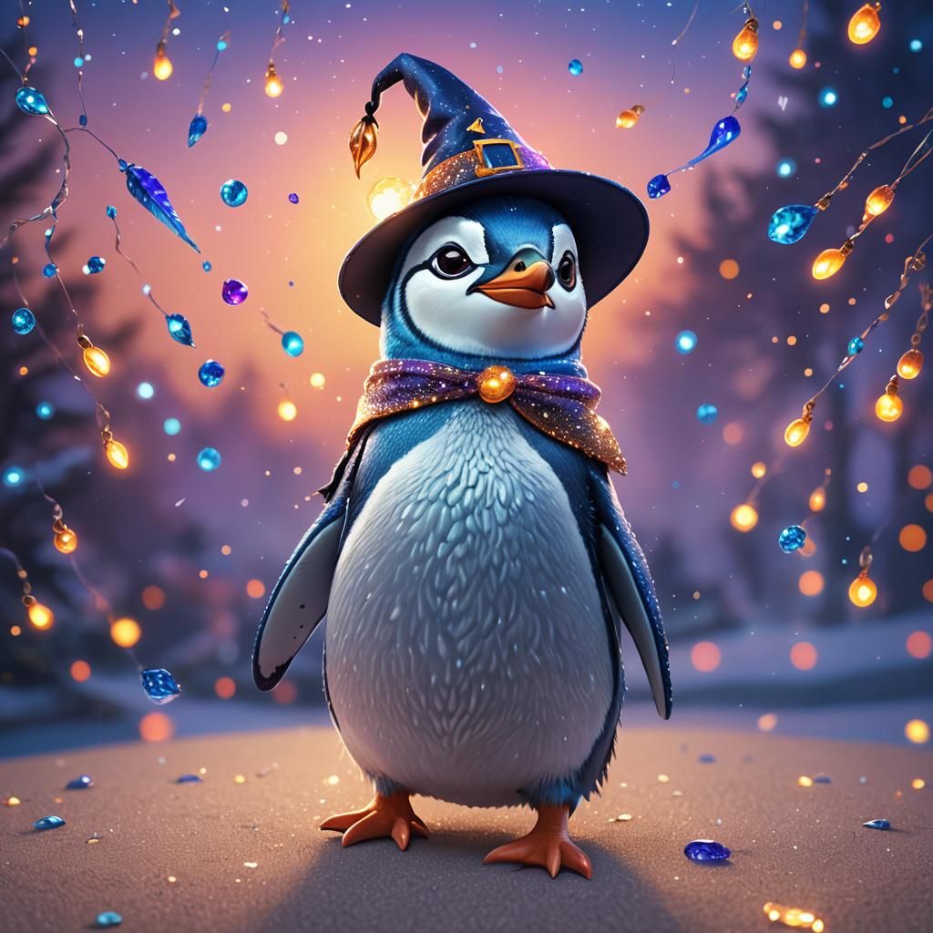 Cute Blue Penguin in Witch Hat, Digital Art