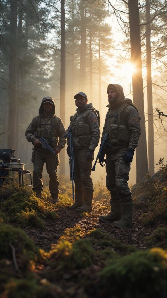 Hunters in a Misty Pine Forest at Dawn