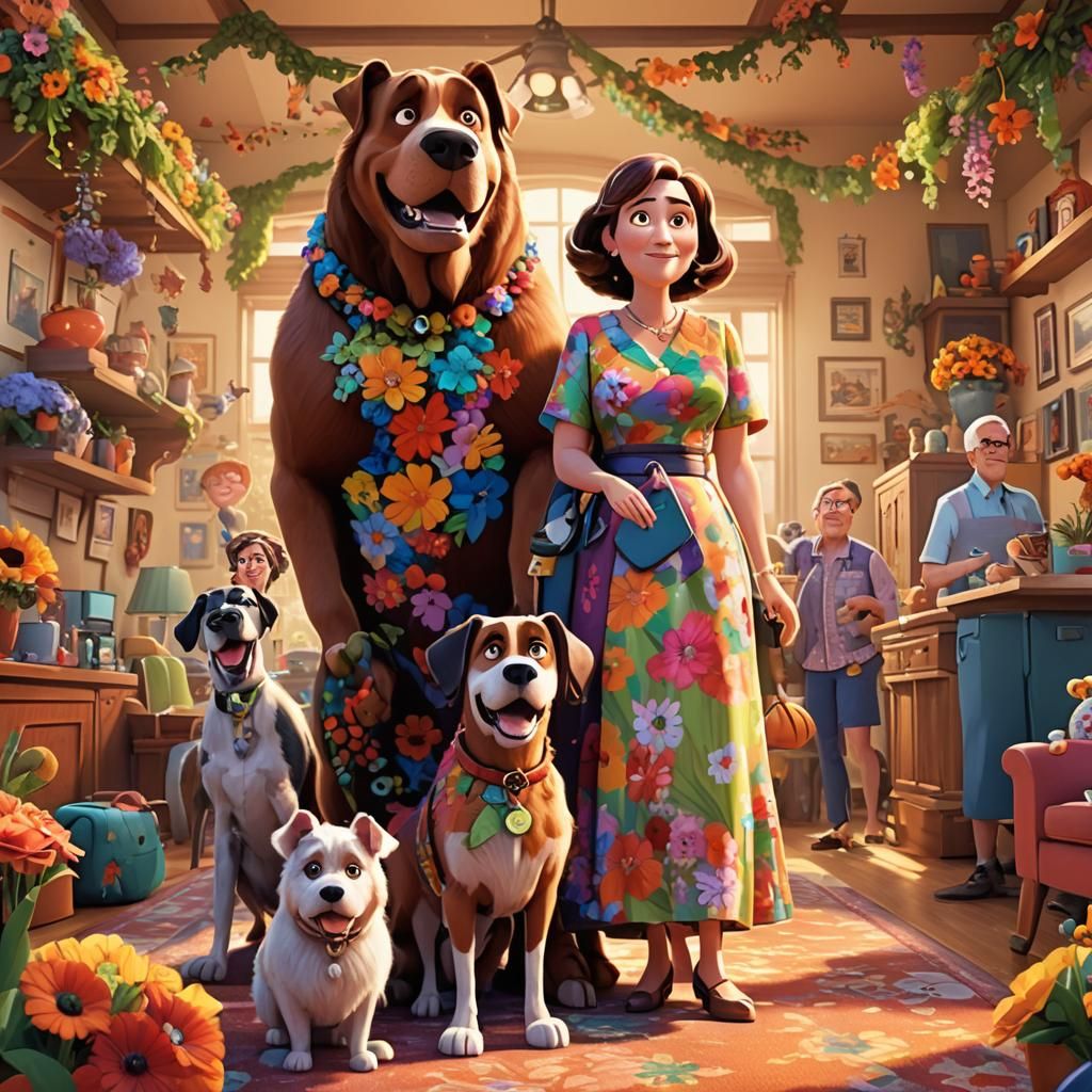 Pixar-Style Family Portrait with Oversized Dog