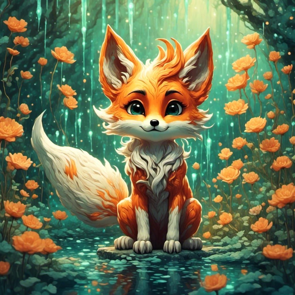 Adorable Nine-Tailed Fox in Cartoon Style