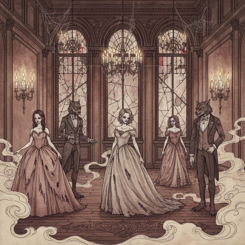 Eerie Victorian Ballroom with Undead Aristocrats in Watercol...