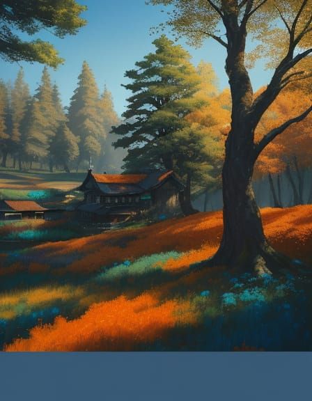 Traditional Farmer Amidst Vibrant Trees in Sumi-e Style