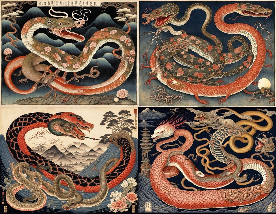 Surreal Samurai Geisha Blubber Zygote Woodblock Print in Noc...