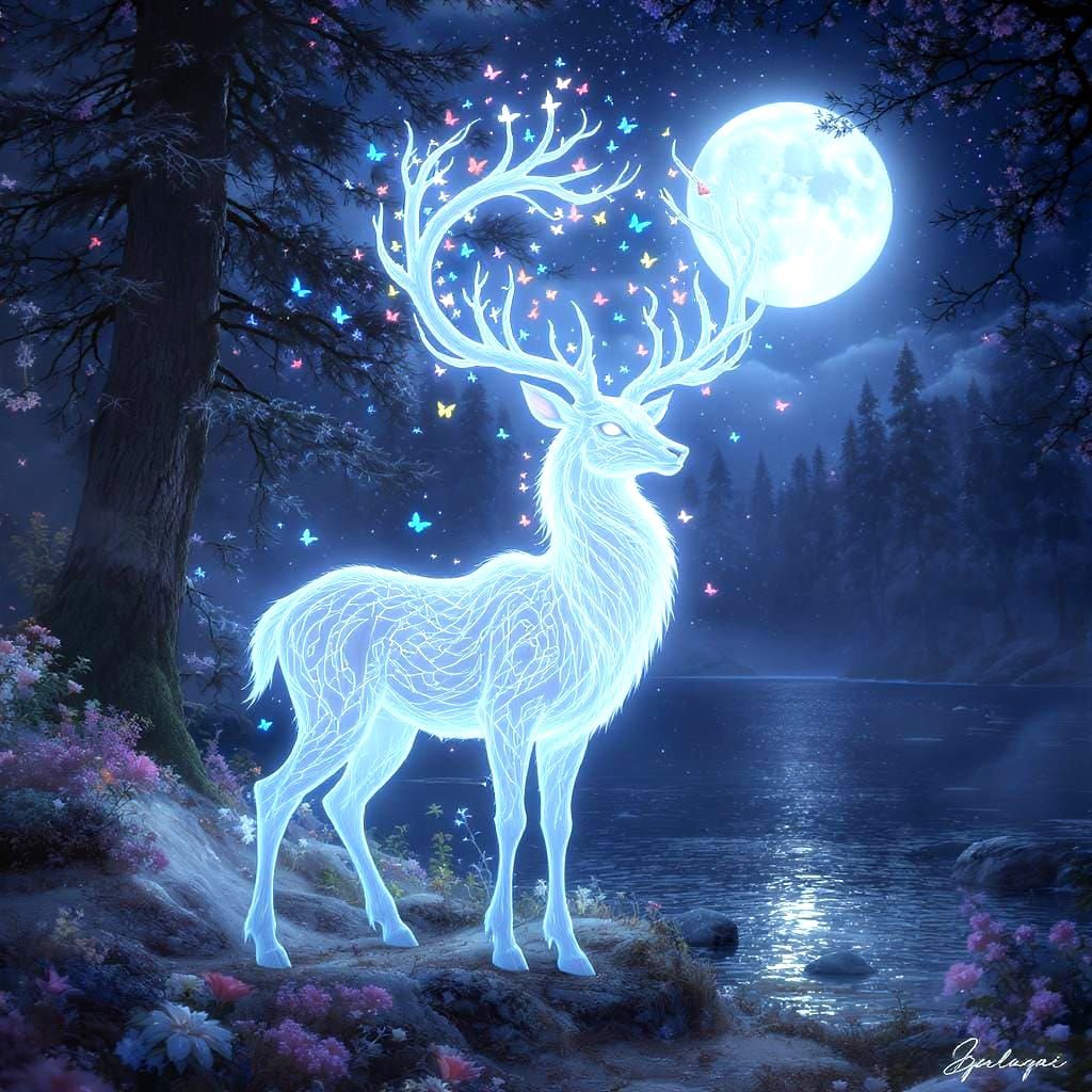 Mystical White Deer with Butterflies in Moonlight