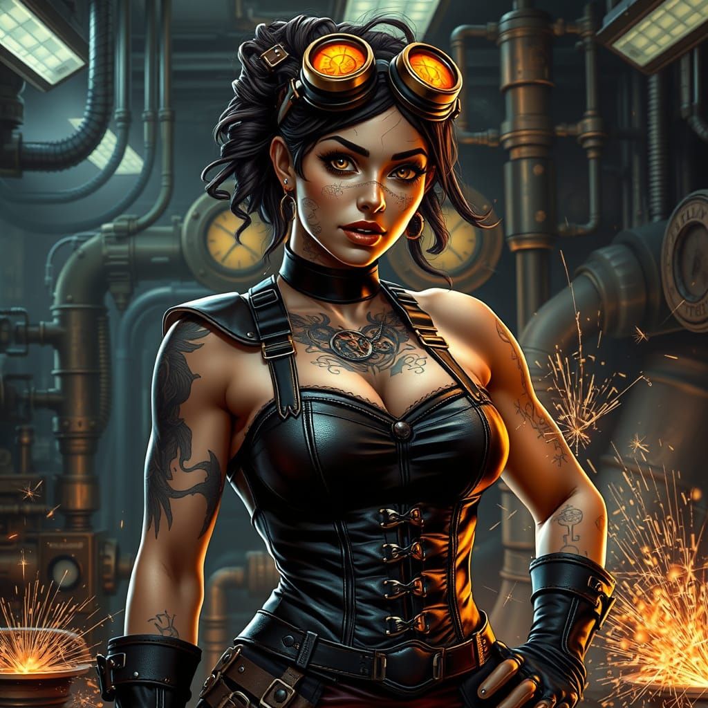 Steampunk Inventor in Her Laboratory, Hyperrealistic Style