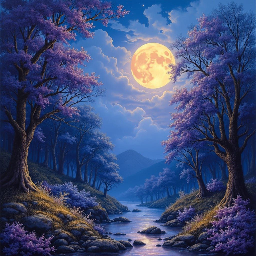 Ethereal Masterwork: Jewel-Toned Forest Beneath Moonlit Skie...