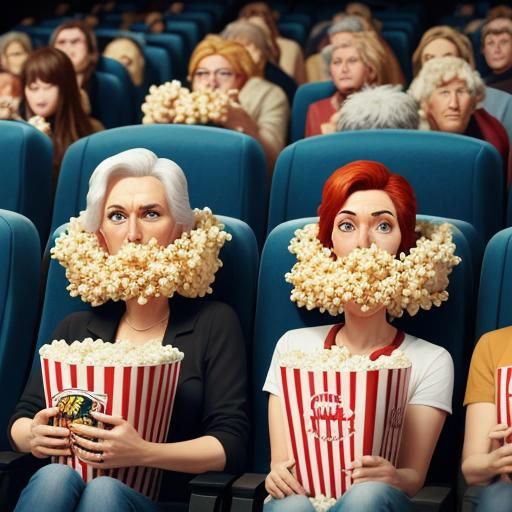 Moviegoers Buried in Popcorn: A Surreal Pop Art Scene