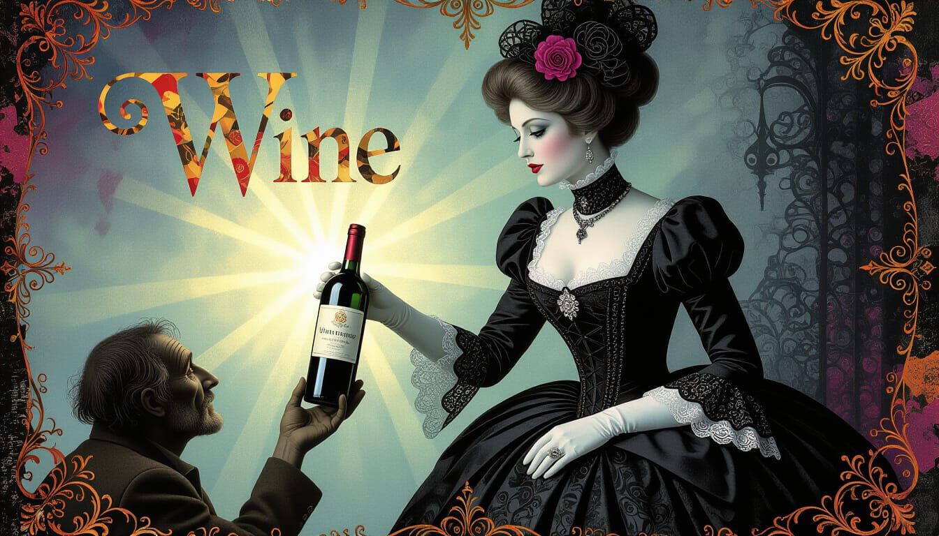 Victorian Gown Lady Offers Wine to Beggar in Gothic Surreali...