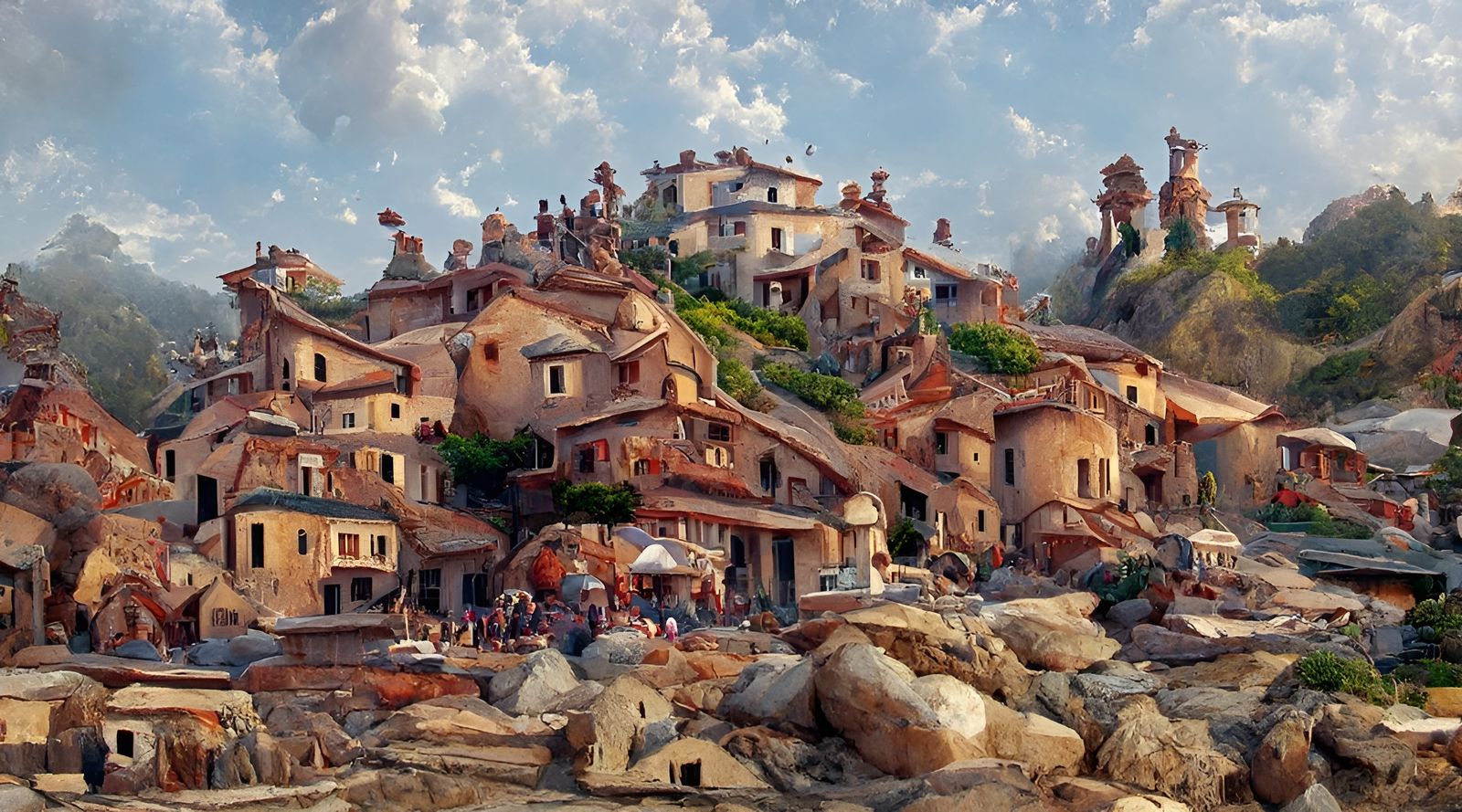 Italian Village Seashore Landscape Painting