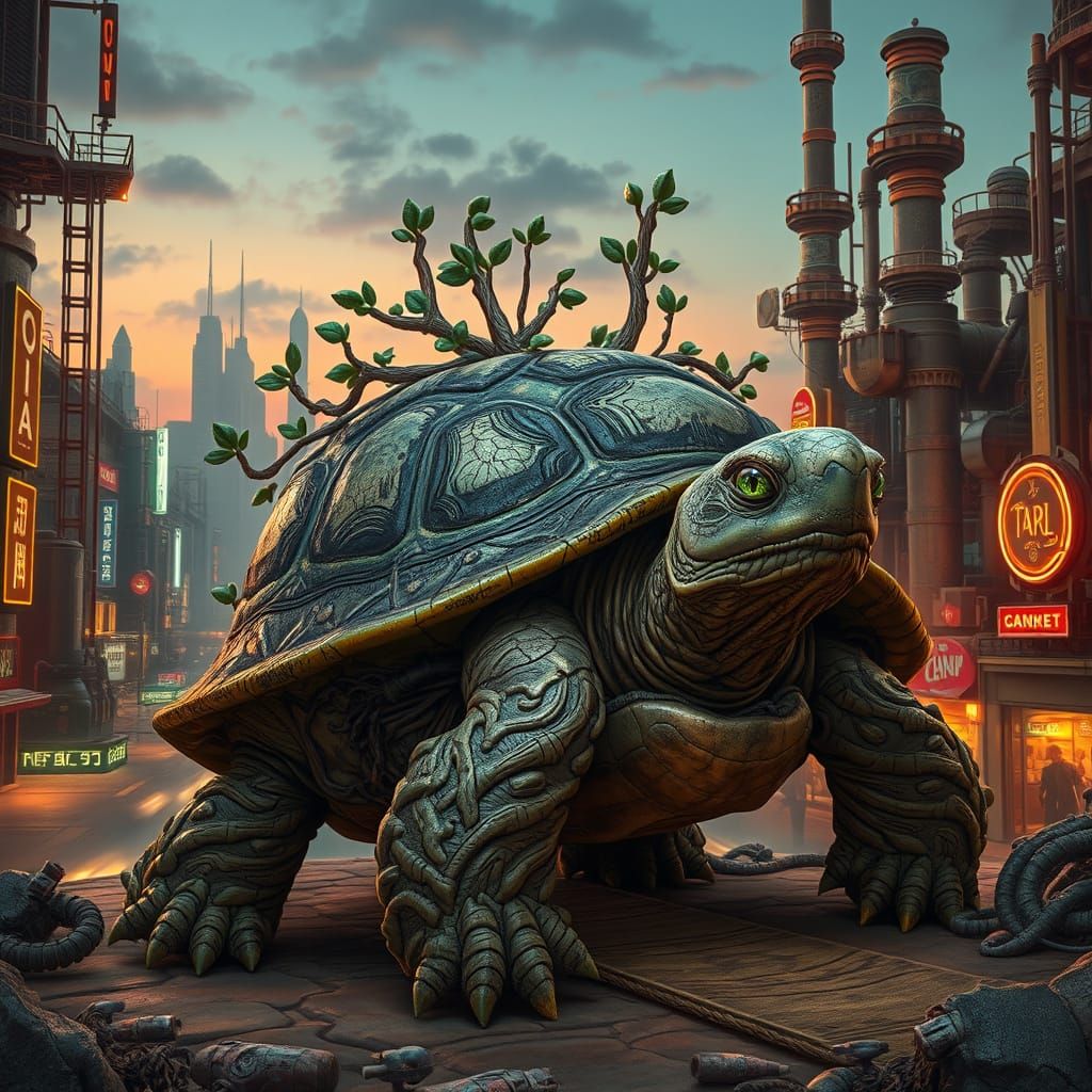 Majestic Tree Turtle in Retro-Futuristic Cityscape