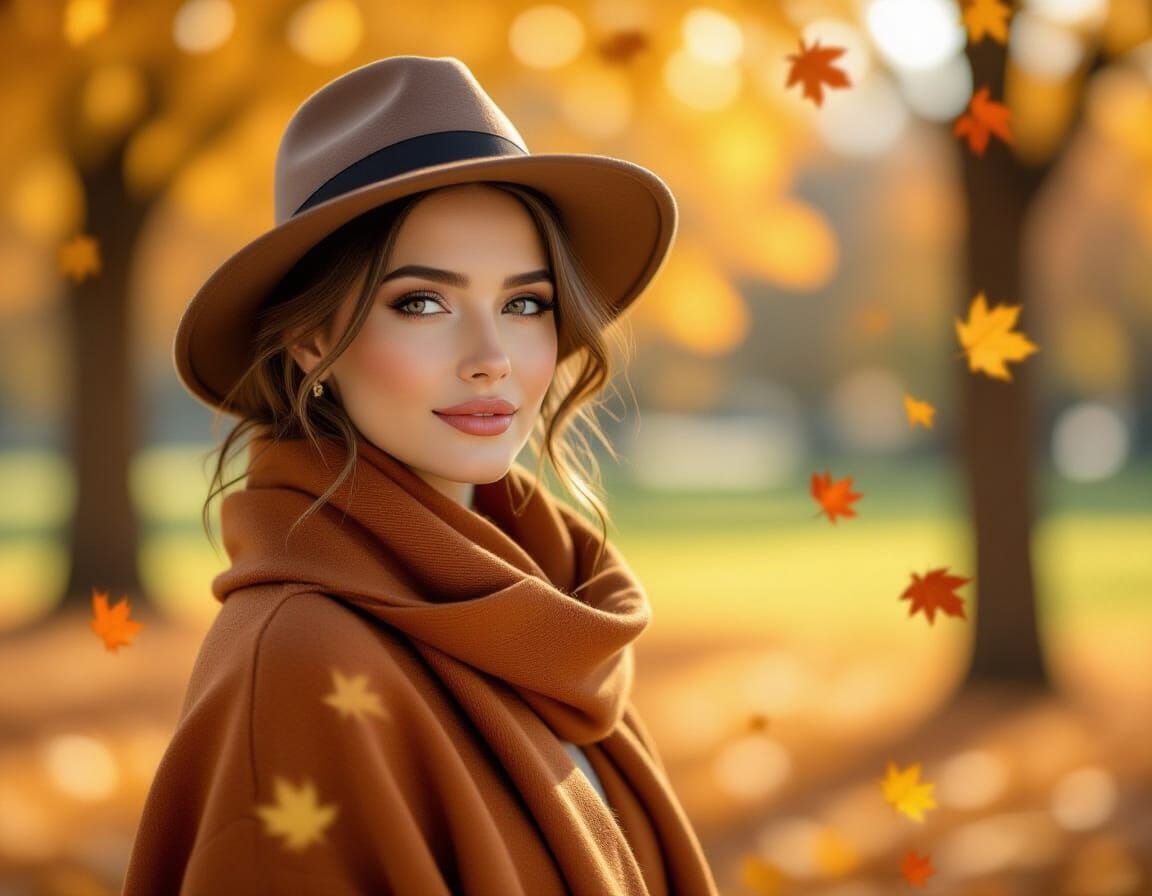 Elegant Woman in Autumn Park with Bokeh