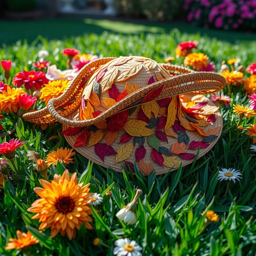 Autumn Leaf Hat on Flower-Filled Lawn
