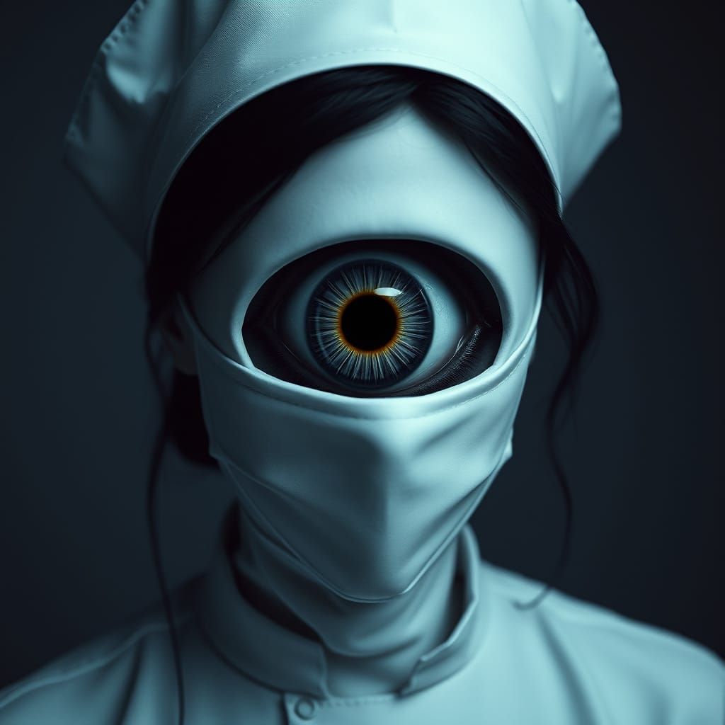 Haunting Nurse with Void Eye in Eerie Setting