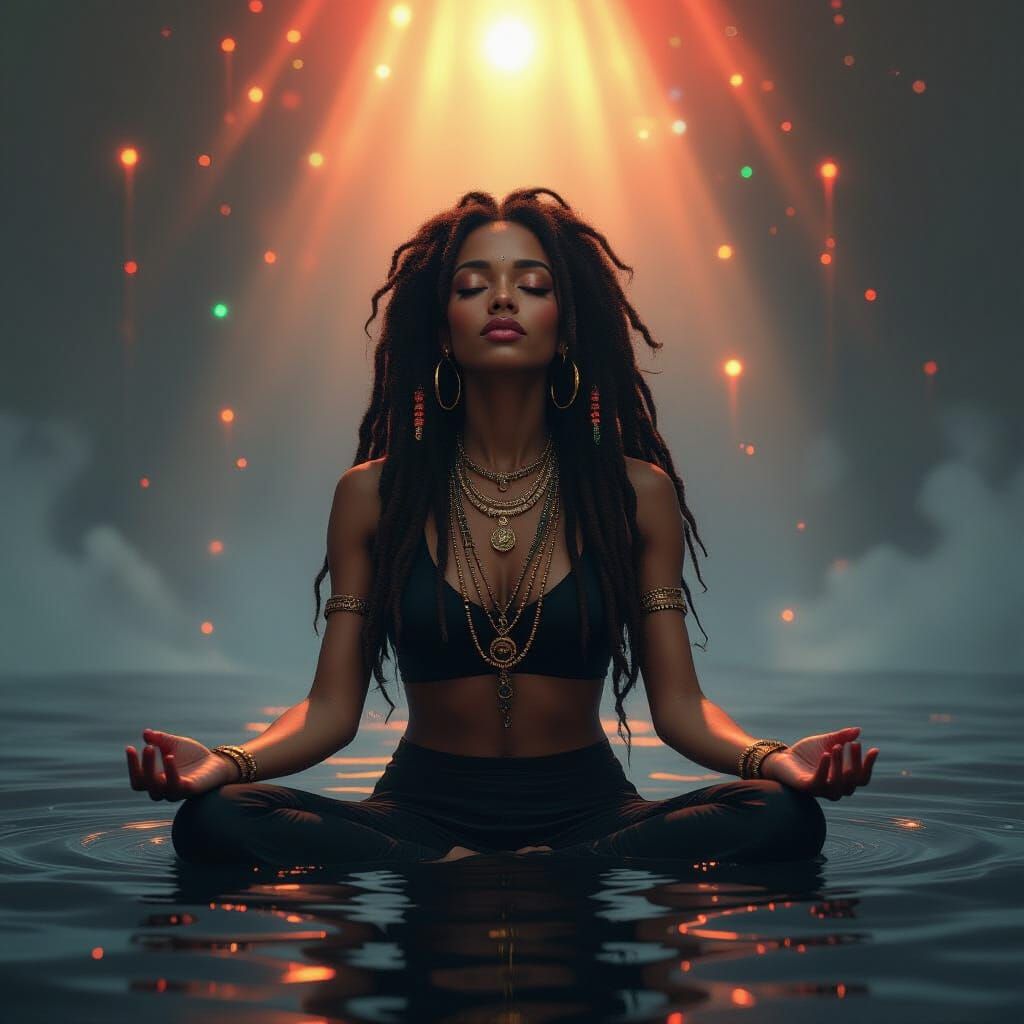 Rastafari Goddess Meditating in Cosmic Soundscape