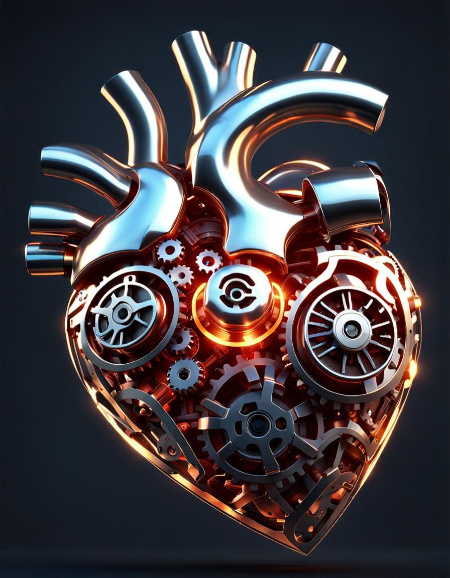 Shiny Mechanical Heart with Glowing Iron Motifs