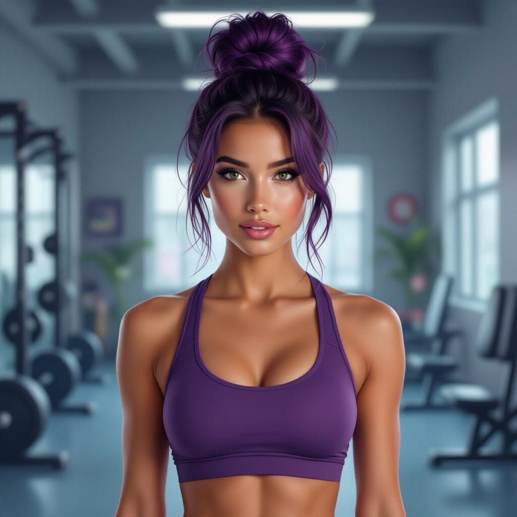 Digital Painting of Woman with Purple Hair in Gym