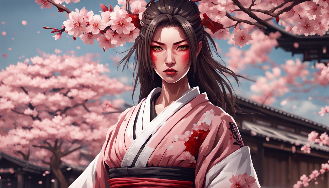 Battle-Hardened Samurai Girl in Cherry Blossom Village