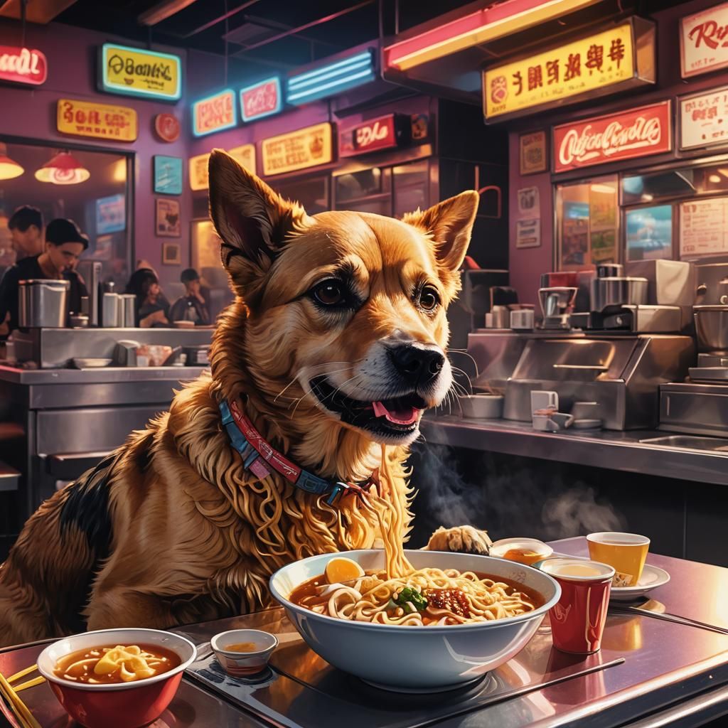 Dog Eating Ramen in Pop Art Style