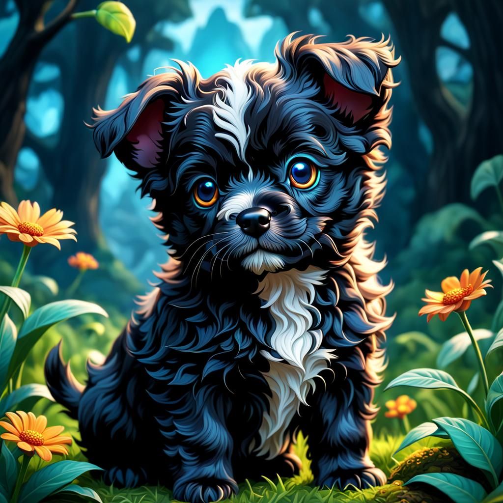 Detailed Matte Painting of Black Patterpoo Puppy