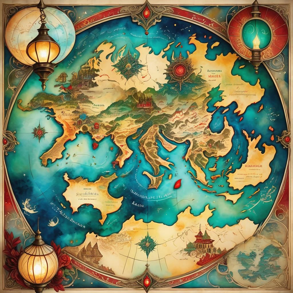 Fantastical World Map on Vintage Parchment