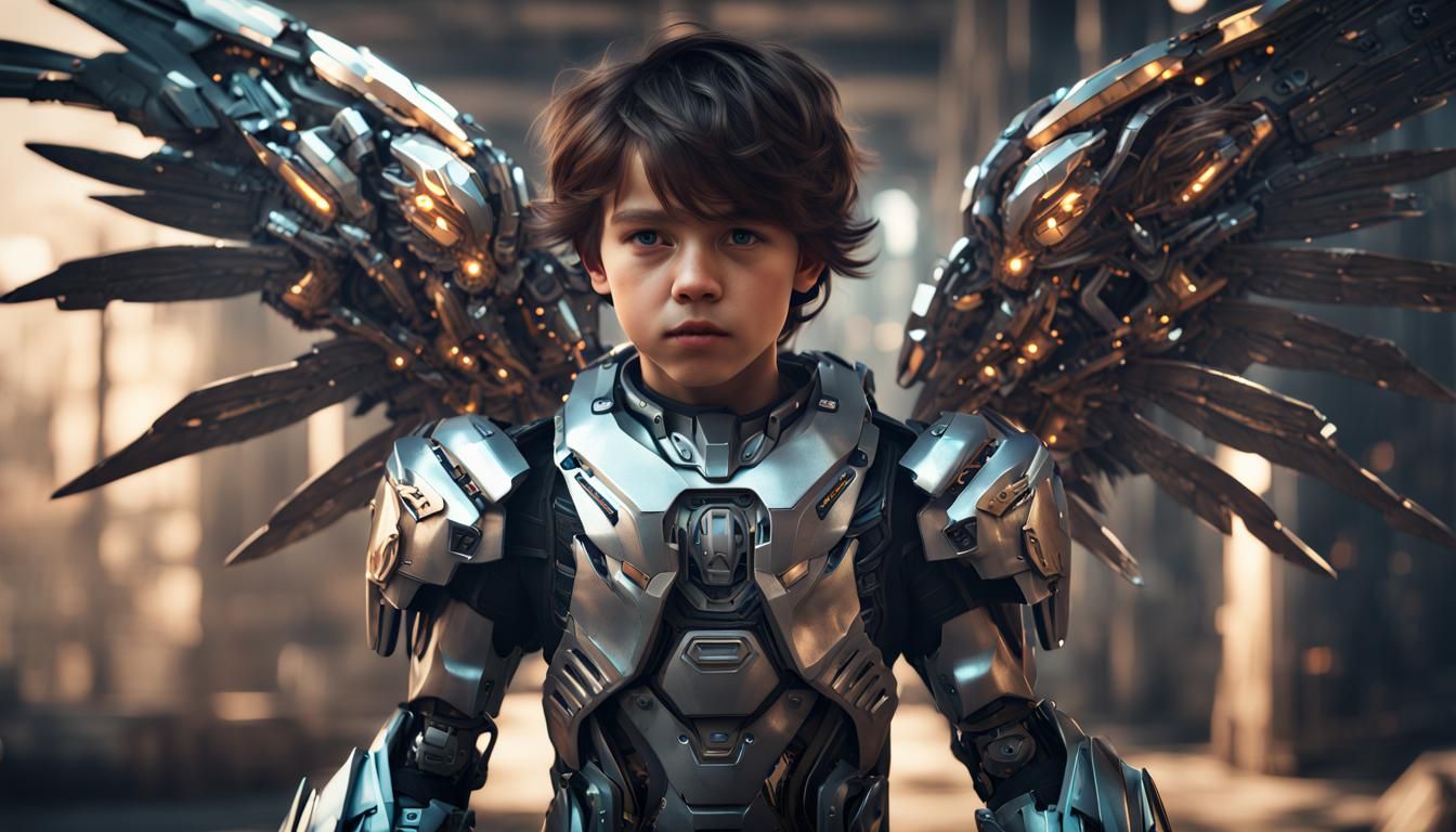 Boy in Mech Suit with Angel Wings: Fantasy Art