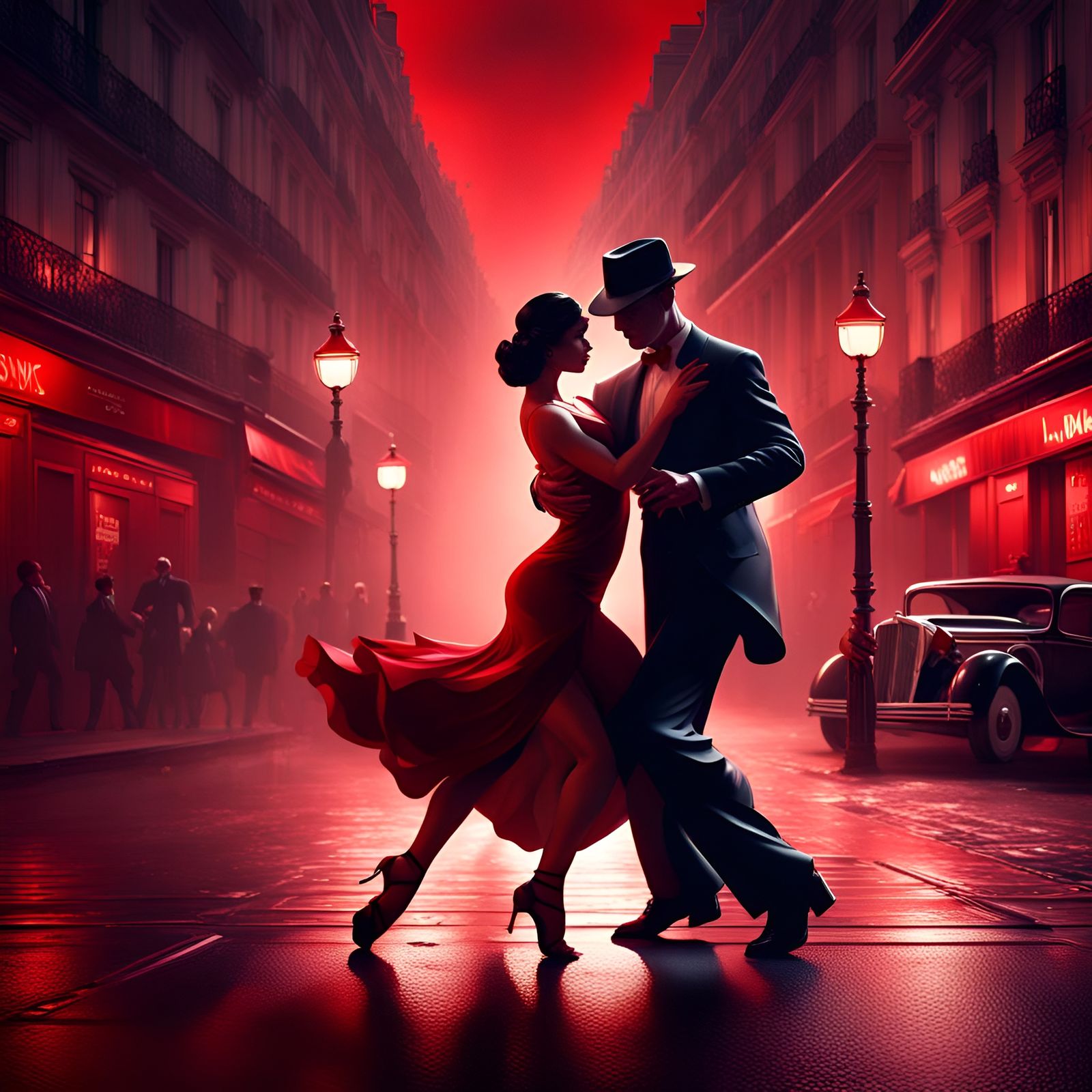 Tango Dancers in Paris: Red Film Noir Digital Art
