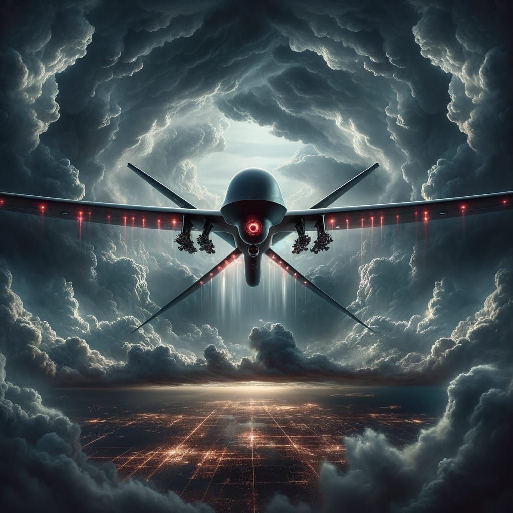 Godlike Drone Silhouette Casting Red Lasers