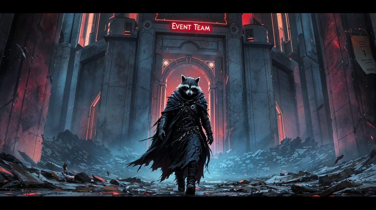 Cloaked Raccoon Figure Walks from Fortress Ruins