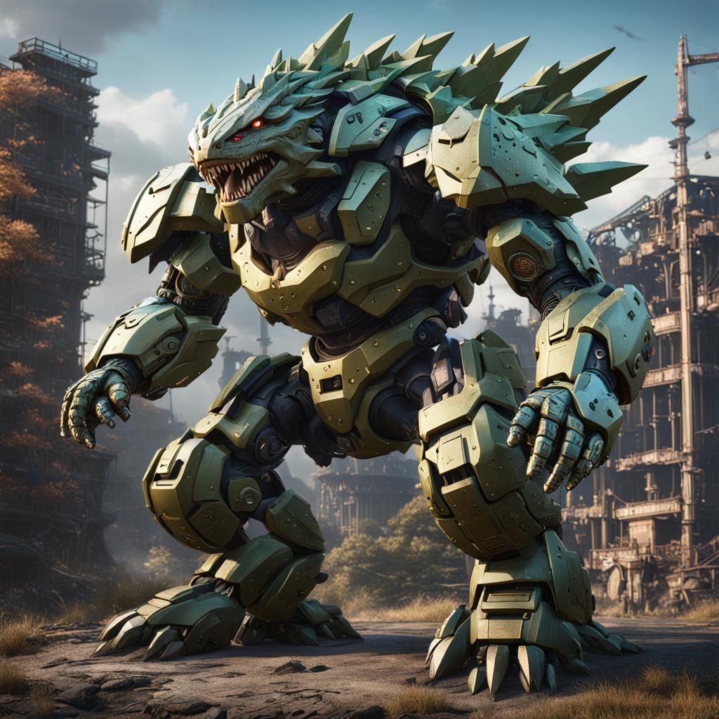 Hyper-Realistic Mecha Tyranitar in Detailed Matte Painting