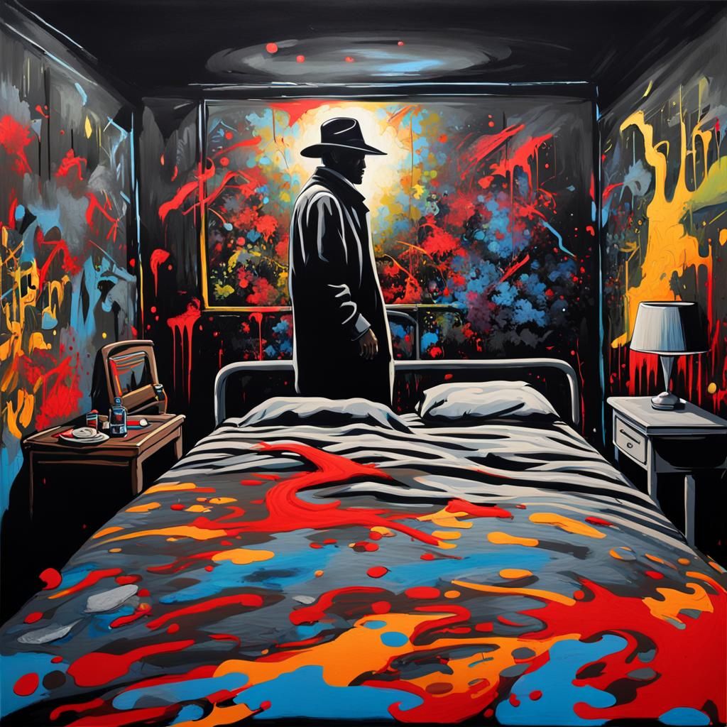 Eerie Hat Man in Dark Room, Graffiti Art Style