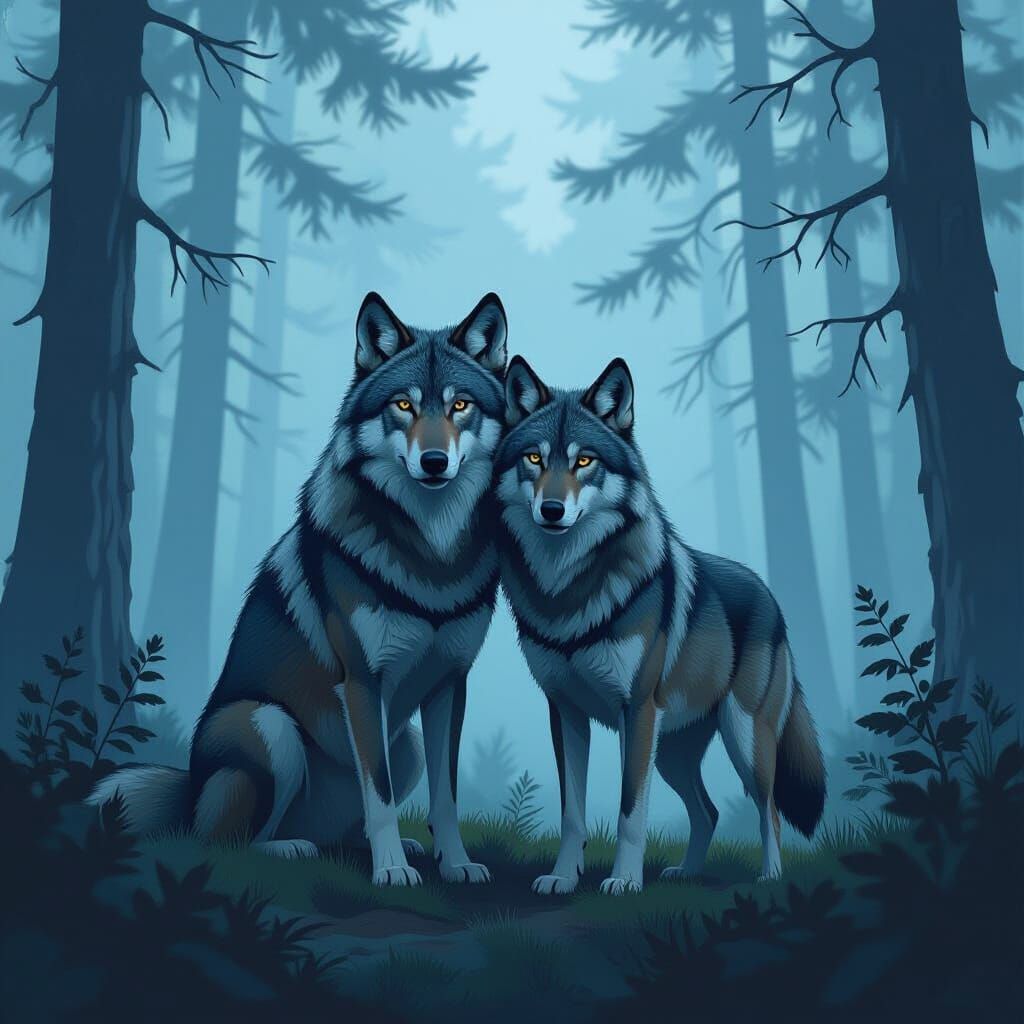 Wolf Couple in Misty Forest: Digital Art