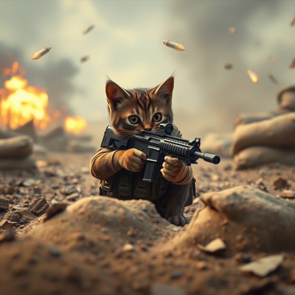 Tactical Cat on Battlefield in Digital Art Style