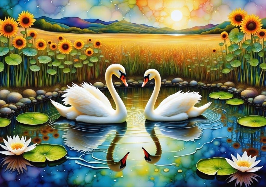 Swans in Pond with Sunflowers, Impressionistic Style