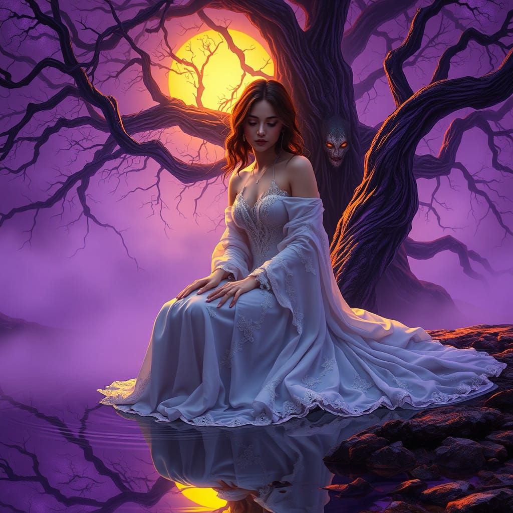 Mysterious Woman on the Lake's Edge, Shadowed by Dark Figure