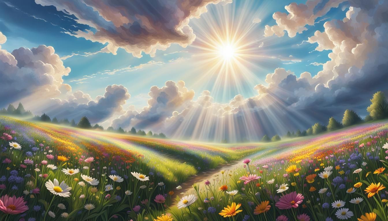 Sunlit Flower Meadow in Spring: Hyperrealistic Splash Art