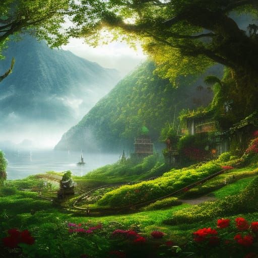 Pirate Ship Delivering Roses in Verdant Jungle