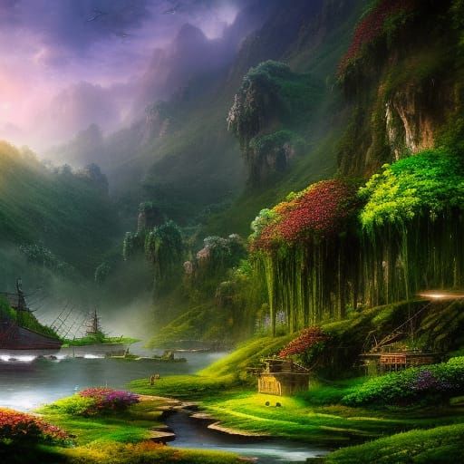 Pirate Ship Navigating Jungle with Roses