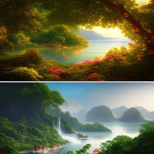 Pirate Ship in Jungle with Roses: Hyperdetailed Realism