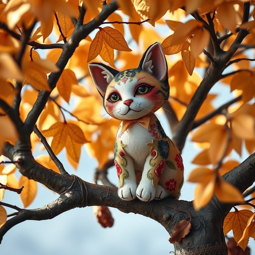 Handmade Fabric Kitten in a Whimsical Tree Scene
