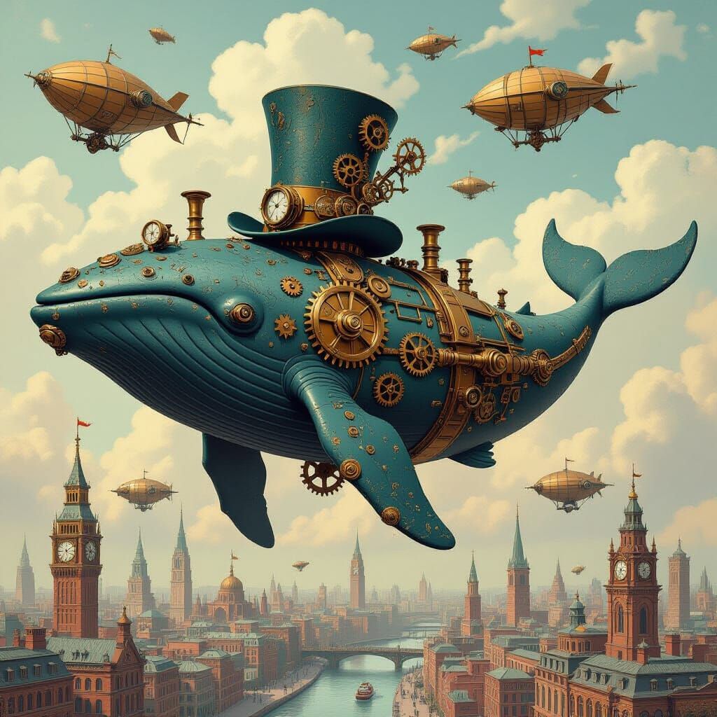 Steampunk Whale with Gears in a Victorian Sky