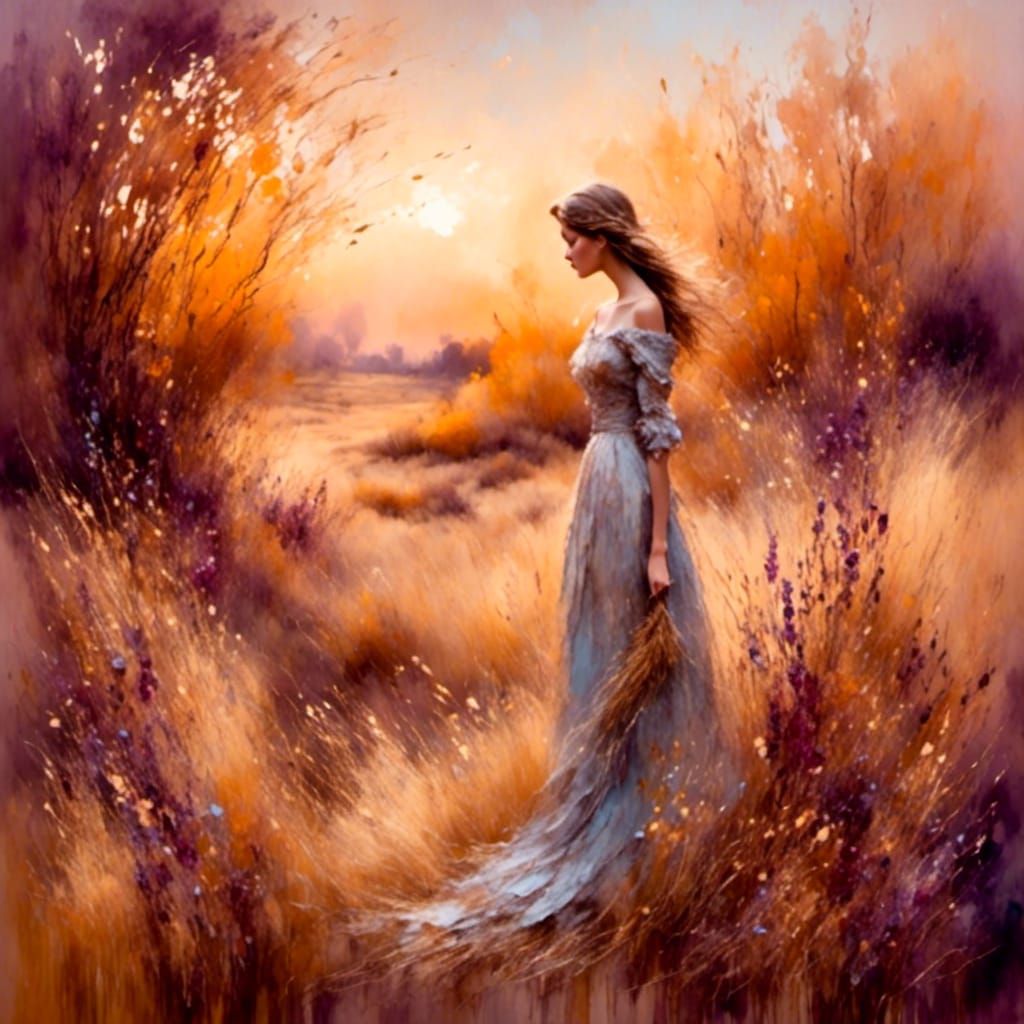 Woman in Autumn Meadow, Impressionistic Style