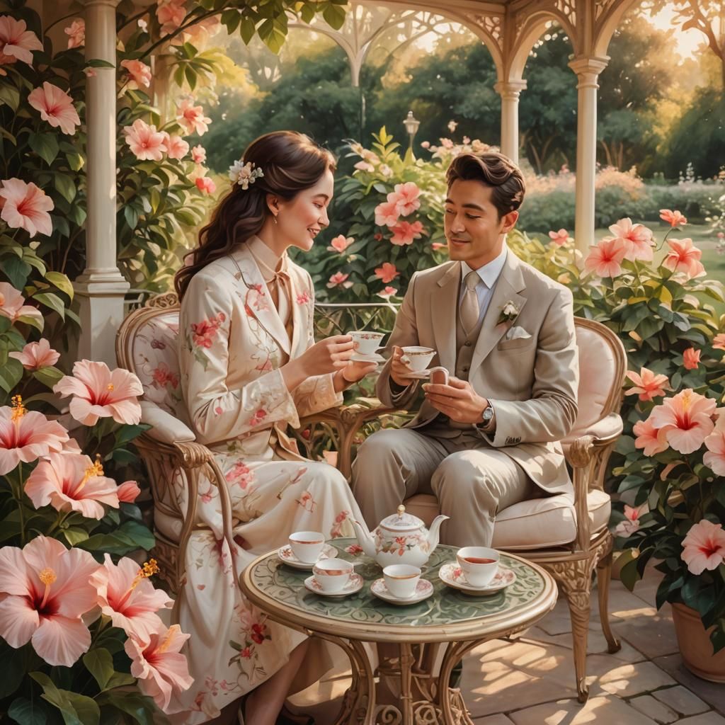 Romantic Impressionist Garden Oasis with Happy Couple