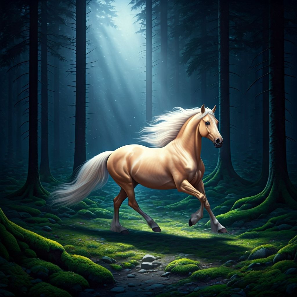 Golden Horse Gallops Through Moonlit Forest