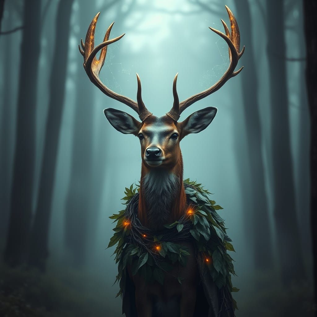 Ethereal Deer in Constellation Antlers, Misty Forest